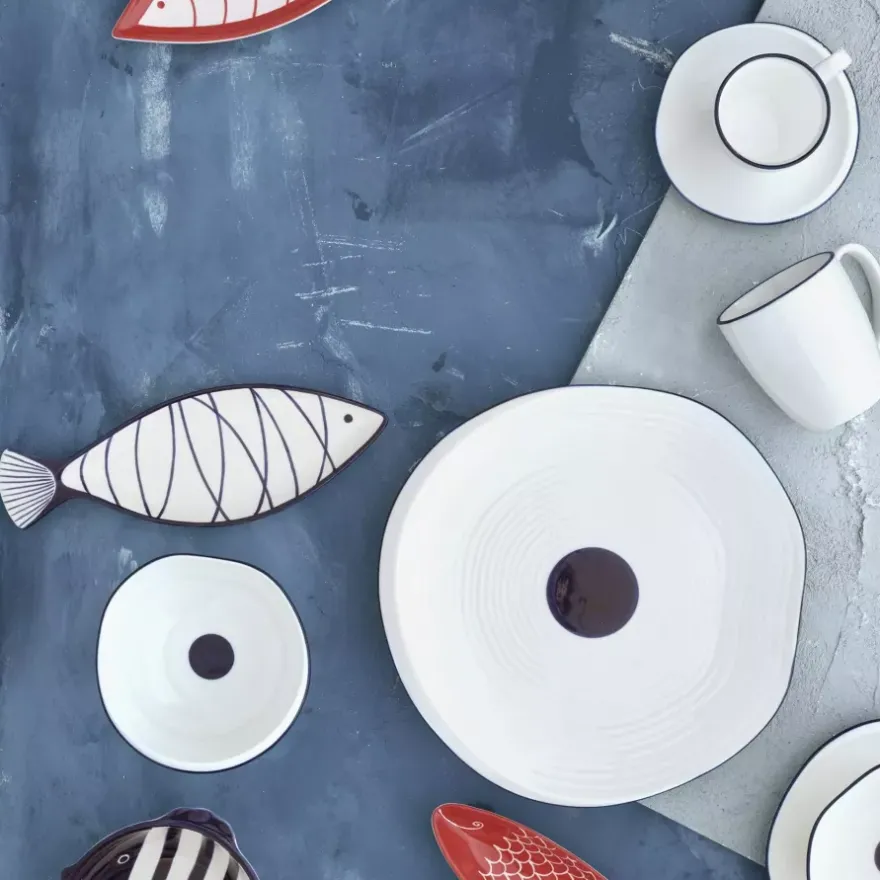 Filiżanka ze spodkiem DUKA KROG 420 ml biała granatowa porcelana