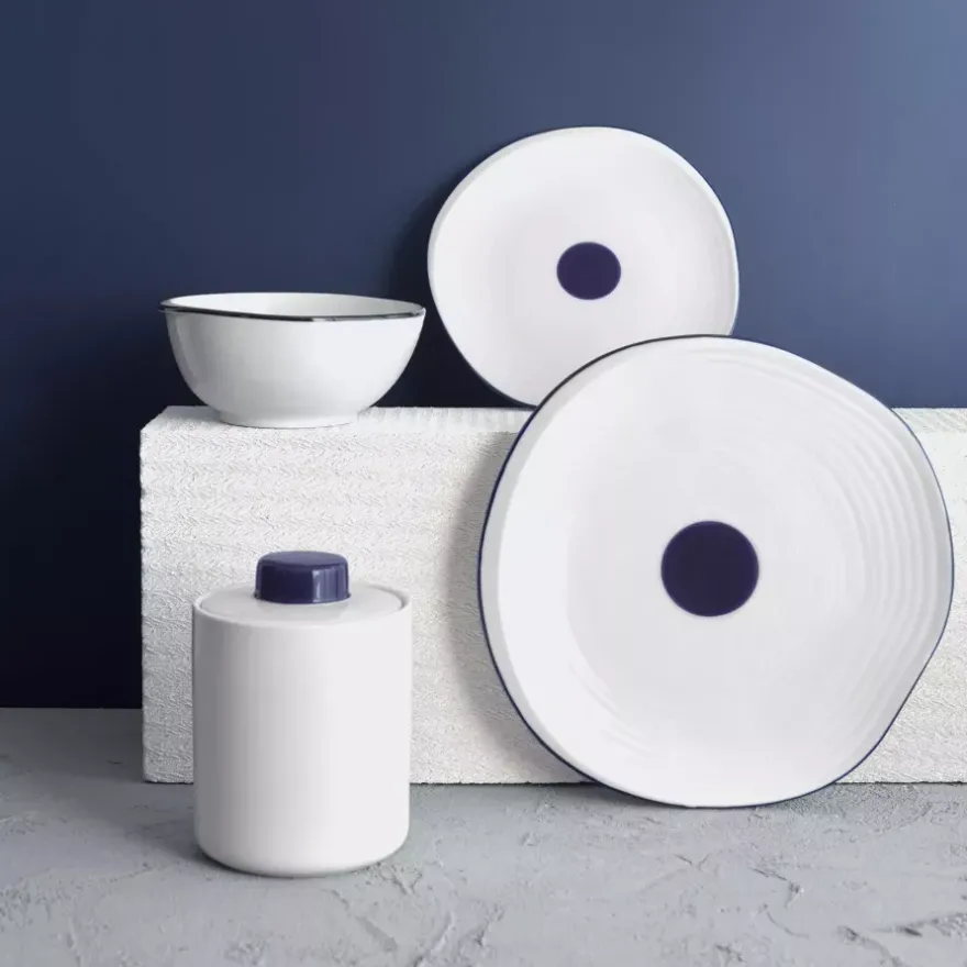 Filiżanka ze spodkiem DUKA KROG 220 ml biała granatowa porcelana