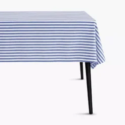Obrus w paski DUKA REMMAR JAQUARD 250x150 cm biały niebieski bawełniany