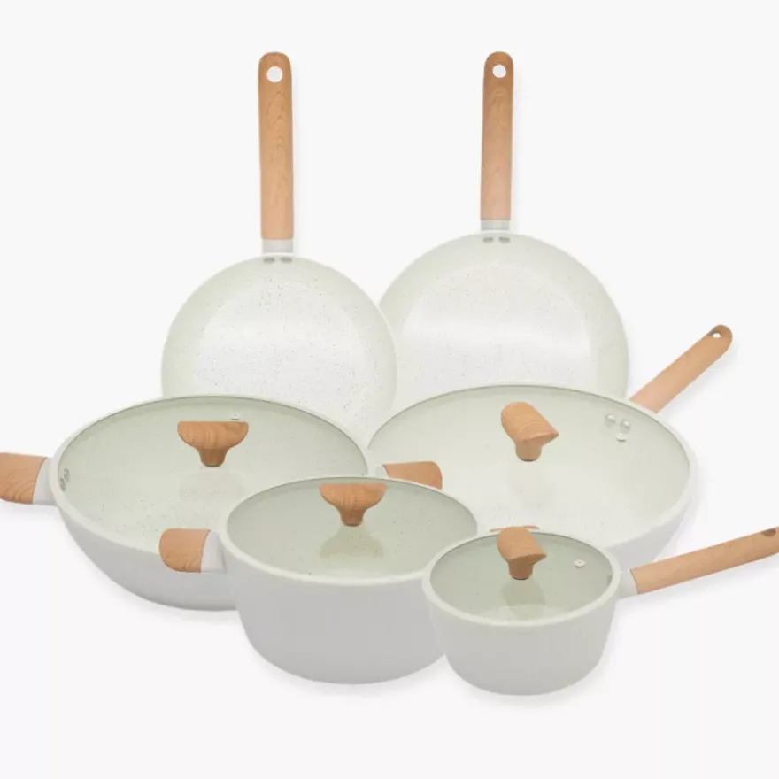 Patelnia głęboka z pokrywką DUKA GRAN 28 cm beżowa szara aluminiowa