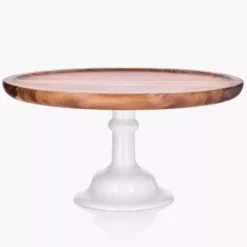 Patera z kloszem na nóżce DUKA ACACIA 29 cm brązowa drewno akacjowe